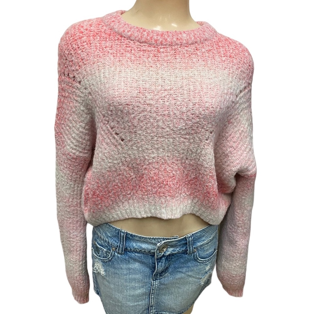 Wild Fable Womens Sweater Medium‎ Pink White Striped Fuzzy Knit Pullover Crop